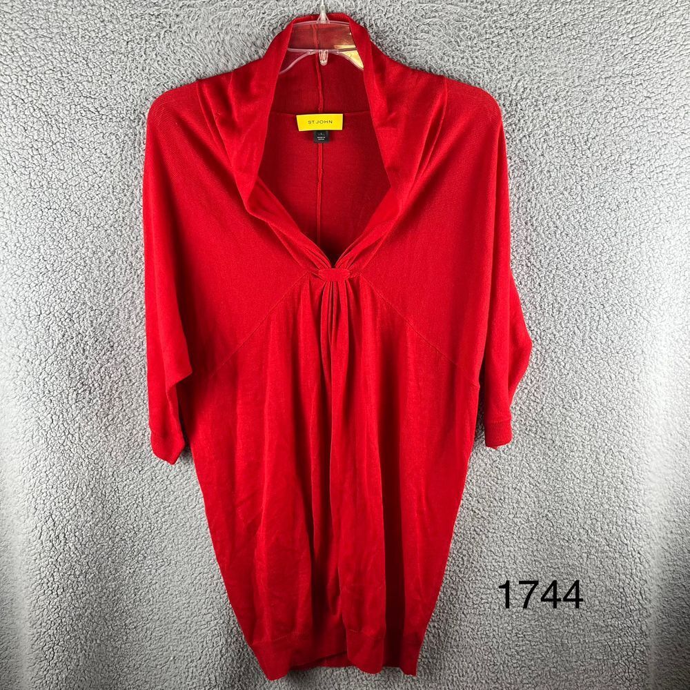 St. John Red Wool Knit V-Neck Sweater Top Elegant Designer Dolman Sleeves Size L